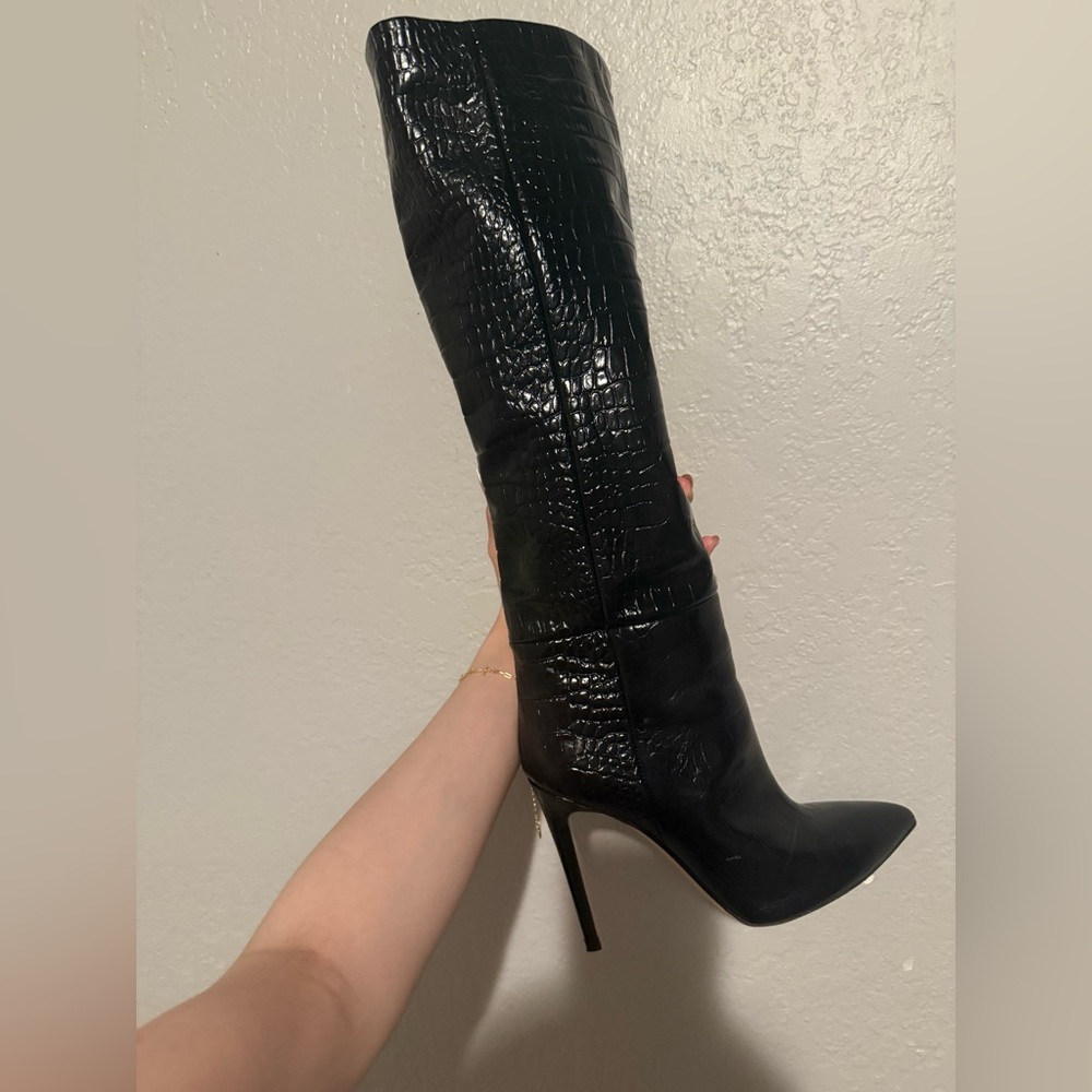 PARIS TEXAS Size 37.5 Embossed Crocodile Stiletto Boots Croco Black Leather Heel - Picture 5 of 9